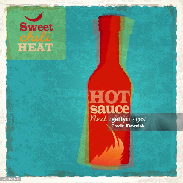 retro bottle of hot sauce with red chilis - dipping sauce stock illustrations