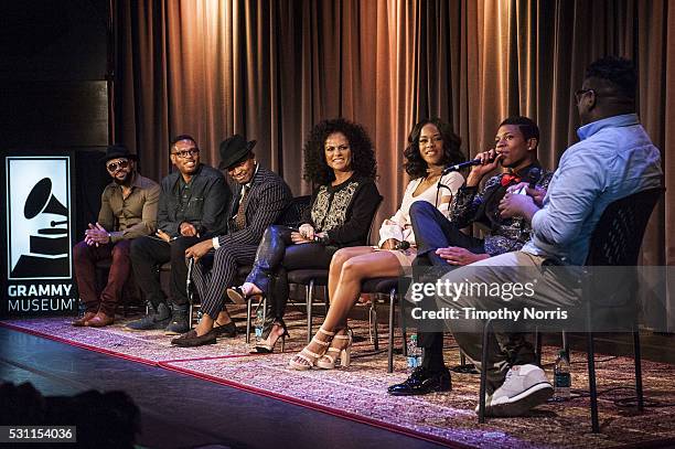 Jim Beanz, Shawn Holiday, Ne-Yo, Sanaa Hamri, Serayah, Bryshere Gray and Gerrick Kennedy speak at The GRAMMY Museum on May 12, 2016 in Los Angeles,...