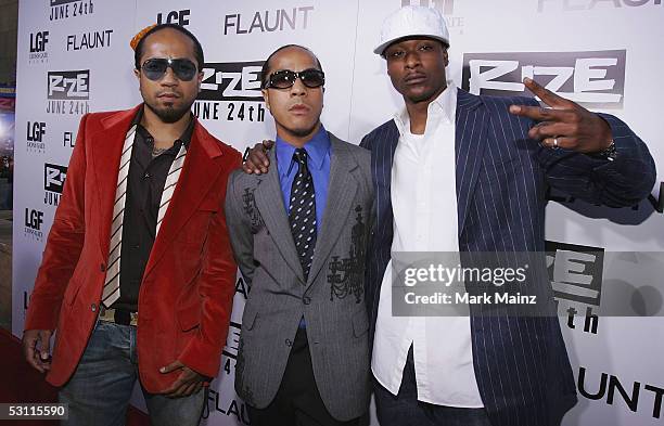 Producers Richmond Talauega, Tone Talauega and Musician Flii Stylz attends the Lions Gate premiere of "Rize" at the Egyptian Theatre on June 21, 2005...