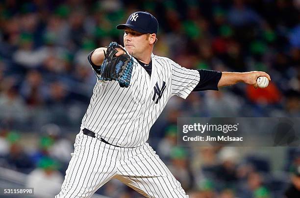 Phil Coke of the New York Yankees in action against the Kansas City Royals at Yankee Stadium on May 9, 2016 in the Bronx borough of New York City....