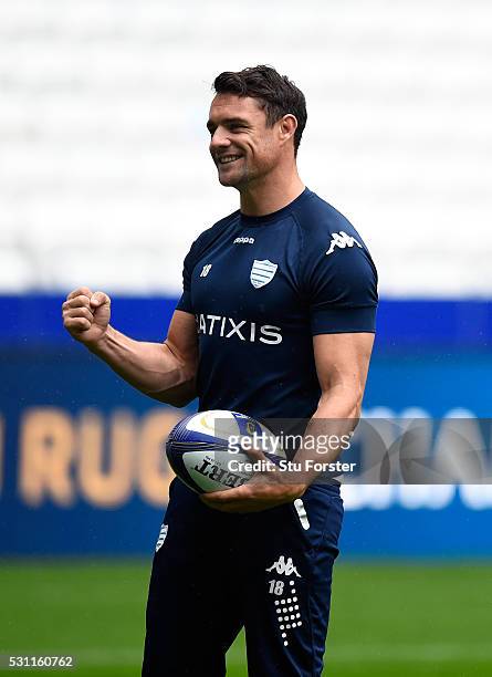 Dan Carter of Racing reacts during the Racing 92 Captain's Run ahead of the European Rugby Champions Cup Final at Grande Stade de Lyon on May 13,...