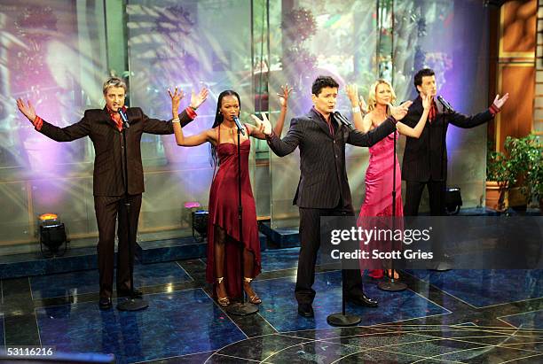 Geoff Sewell, Tsakane Valentine, Nick Garrett, Jo Appleby, and David Habbin of the opera band Amici Forever perform during The Today Show in the NBC...