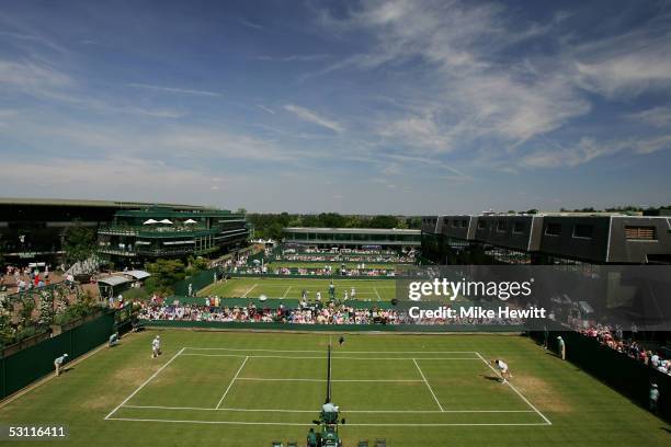 General view of courts between Court One and Centre during the third day of the Wimbledon Lawn Tennis Championship on June 22, 2005 at the All...