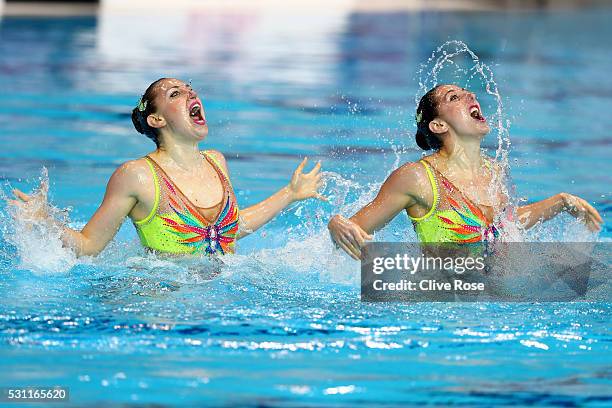 Laura Auge and Margaux Chretien of France compete in the Duet Technichal Final on day five of the 33rd LEN European Swimming Championships 2016 at...