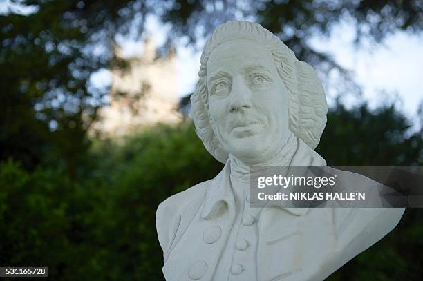 Bust of the 18th century landscape gardener Lancelot "Capability" Brown, stands in the gardens of Higclere Castle in Highclere, southern England, on...