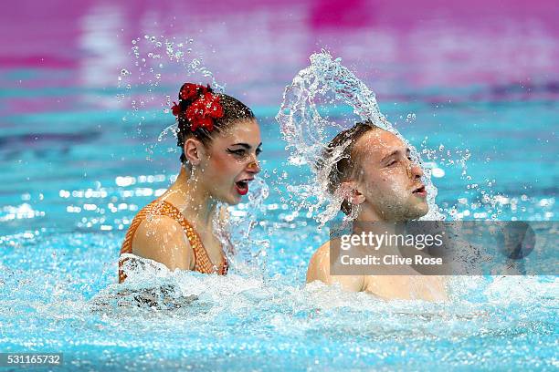 Kateryna Reznik and Anton Timofeyev of Ukraine compete in the Duet Mixed Technichal Final on day five of the 33rd LEN European Swimming Championships...