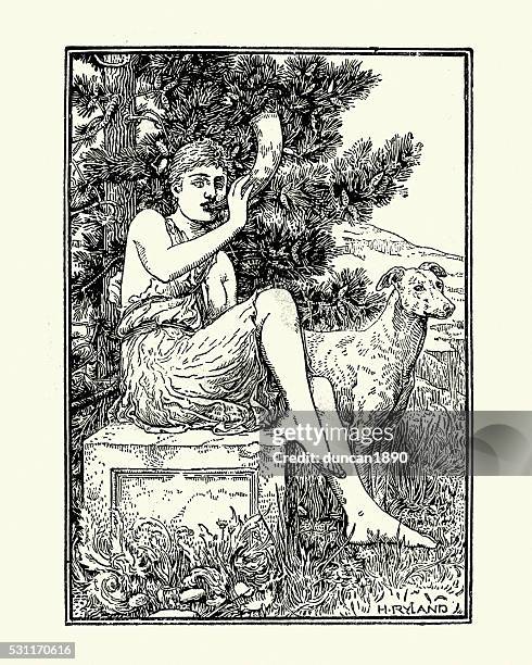 roman mythology, diana goddess of the hunt - archaeology dog stock illustrations