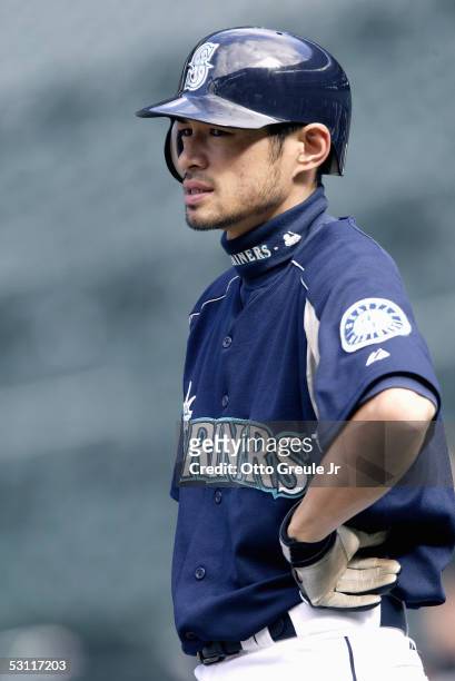 Ichiro Suzuki of the Seattle Mariners stands on deck during the game during the game with the New York Mets on June 17 2005 at Safeco Field in...