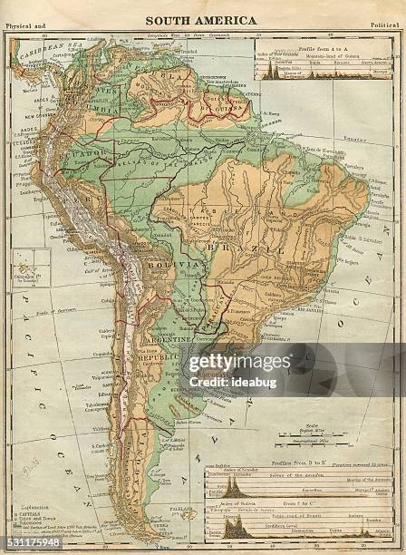 south america map illustration, travel, exploration, antique 1871 illustration - 1871 stock illustrations