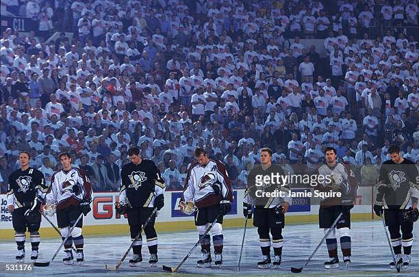 General view of the National Anthem played before the game between the Colorado Avalanche and the Pittsburgh Penguins at the Mellon Arena in...