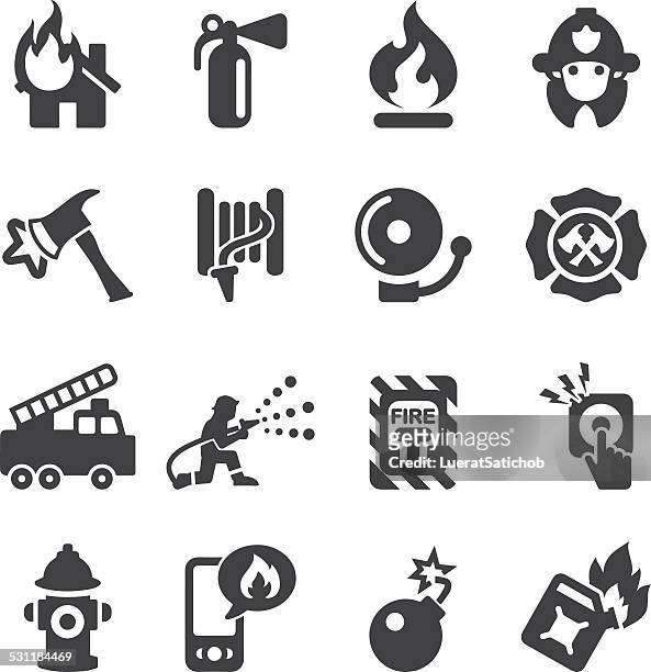 illustrazioni stock, clip art, cartoni animati e icone di tendenza di vigili del fuoco eps10 silhouette icone / - impianti antincendio