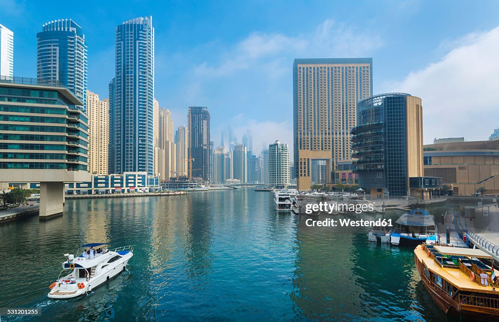 United Arab Emirates, Dubai, Dubai Marina, yacht harbour with skyscrapers