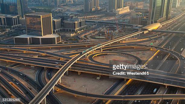 united arab emirates, dubai, aerial view of sheikh zayed road and metro - dubai metro stock pictures, royalty-free photos & images