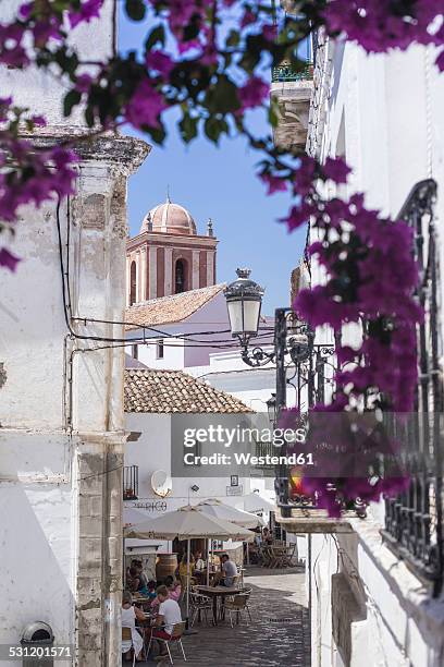 spain, andalusia, tarifa, old town, restaurant - andaluzia stock pictures, royalty-free photos & images