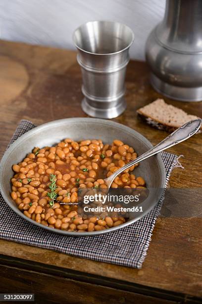 baked beans in tin plate - baked beans stock pictures, royalty-free photos & images