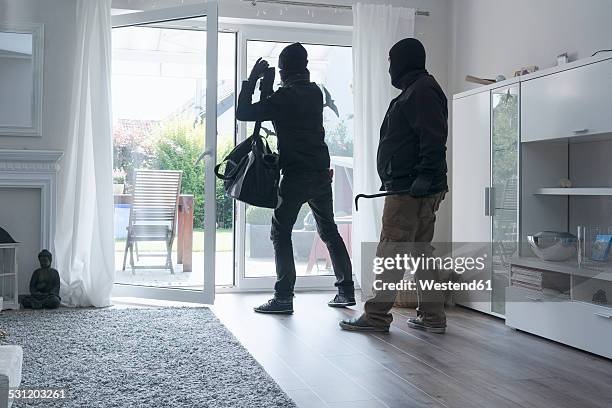 two burglars leaving an one-family house with their loot at daytime - cambrioleur photos et images de collection