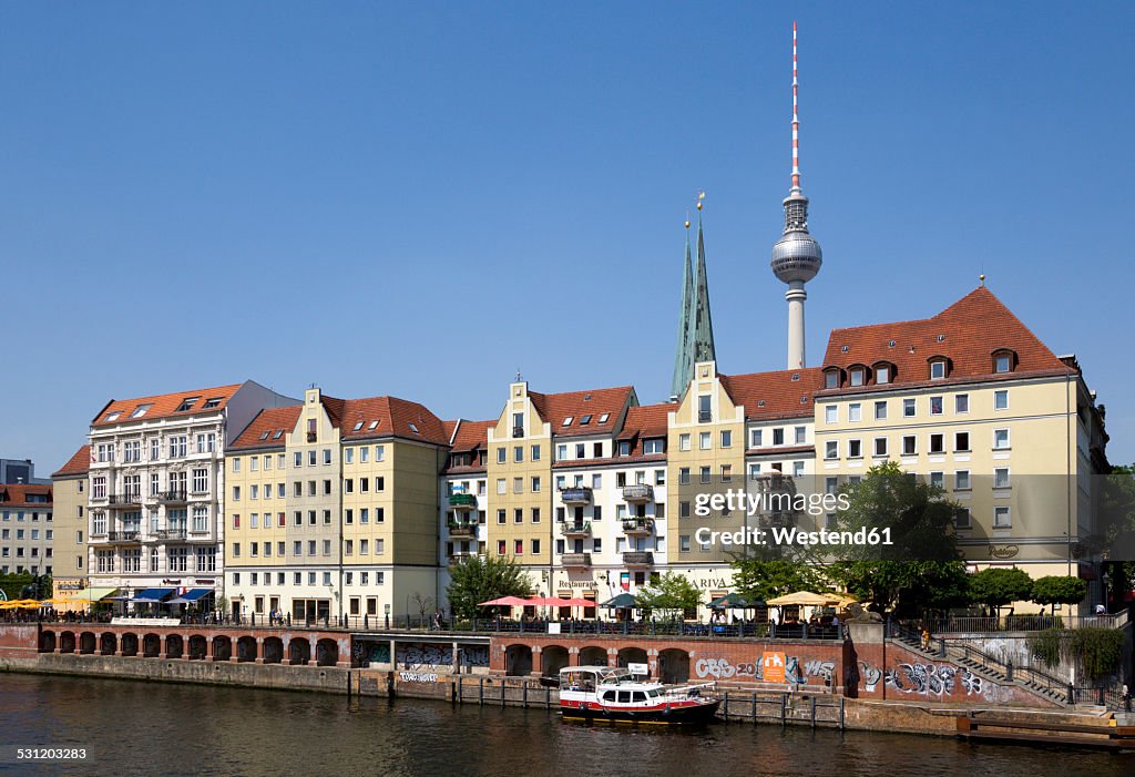 Germany, Berlin, buildings in St Nicholas Quarter with church and TV Tower