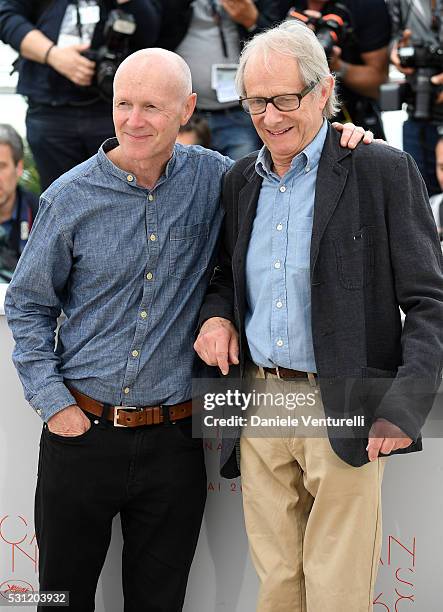 Screenwriter Paul Laverty and director Ken Loach attend the "I, Daniel Black " photocall during the 69th annual Cannes Film Festival at the Palais...