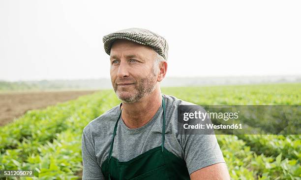 portrait of farmer standing in front of a field - corporate portraits depth of field stockfoto's en -beelden