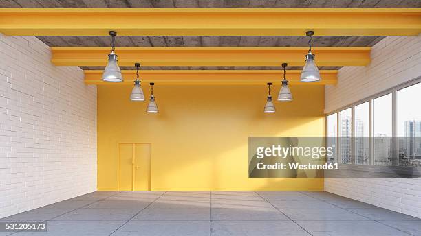 ilustraciones, imágenes clip art, dibujos animados e iconos de stock de empty loft with yellow wall, 3d rendering - blanco color