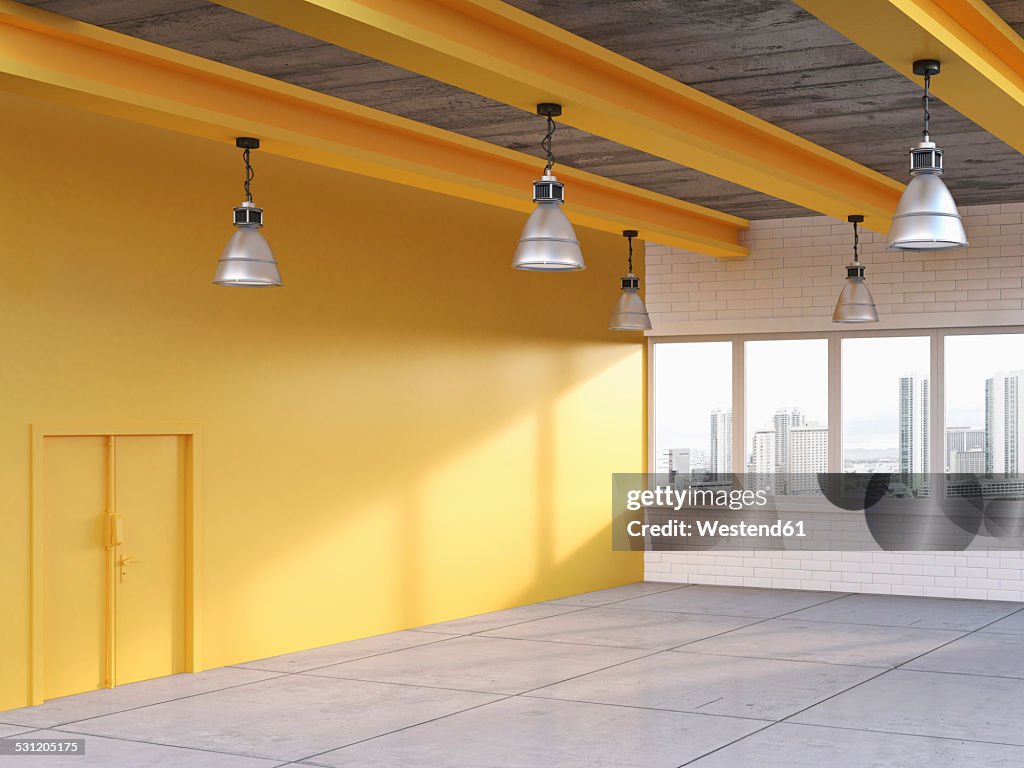 Empty loft with yellow wall, 3D Rendering