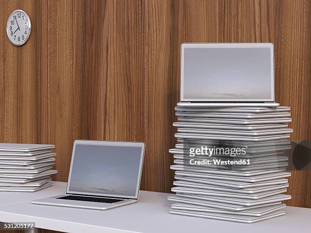 stacks of laptops on a table in front of wooden wall, 3d rendering - gestapelt stock-grafiken, -clipart, -cartoons und -symbole