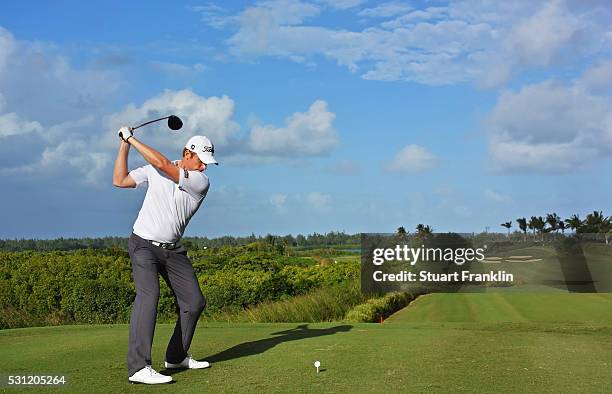 Andrew Dodt of Australia plays a shot during the second round of AfrAsia Bank Mauritius Open at Four Seasons Golf Club Mauritius at Anahita on May...