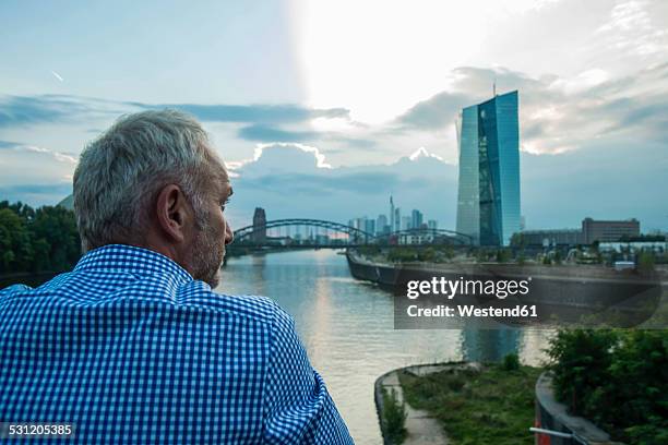 germany, frankfurt, businessman at river main with european central bank headquarters in background - european central bank executive stock pictures, royalty-free photos & images