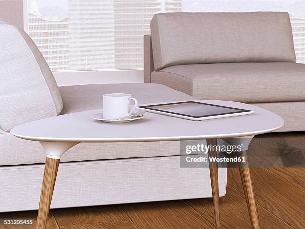 table with cup and digital tablet, 3d rendering - side table stock pictures, royalty-free photos & images