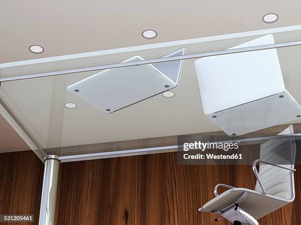 stockillustraties, clipart, cartoons en iconen met two laptops standing on a desk with glass pane, 3d rendering - kikvors perspectief