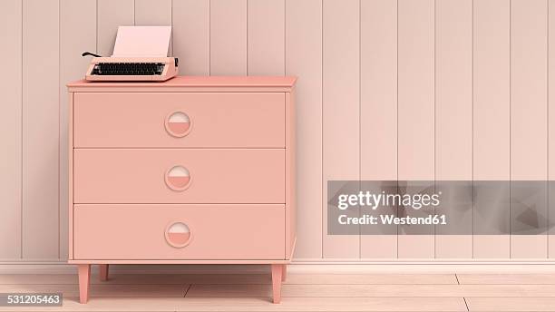 ilustrações de stock, clip art, desenhos animados e ícones de typewriter on pink commode, 3d rendering - cómoda