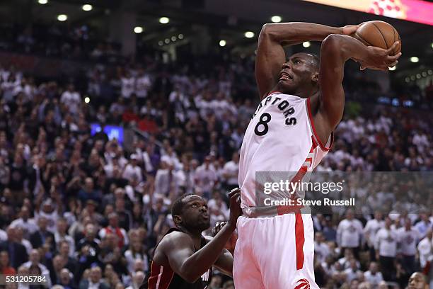 Bismack Biyombo goes up for a huge dunk as the Toronto Raptors play the Miami Heat in game five of their Eastern Conference Semifinal at the Air...