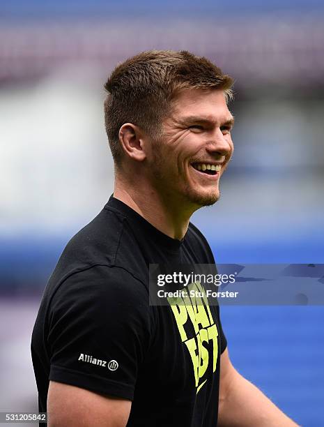 Owen Farrell of Saracens raises a smile during Saracens Captain's Run at Grand Stade de Lyon ahead of the European Rugby Champions Cup Final on May...