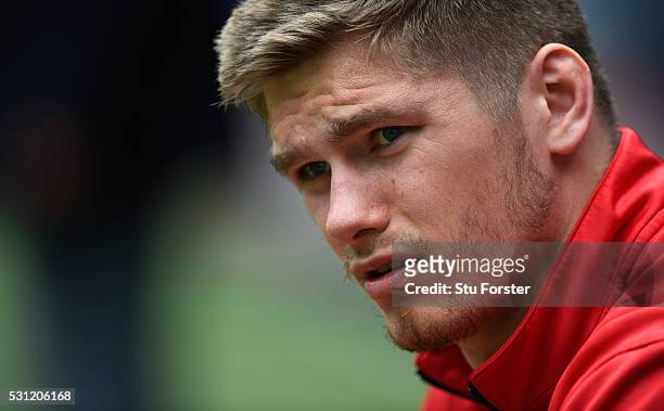 Owen Farrell of Saracens looks on during Saracens Captain's Run at Grand Stade de Lyon ahead of the European Rugby Champions Cup Final on May 13,...