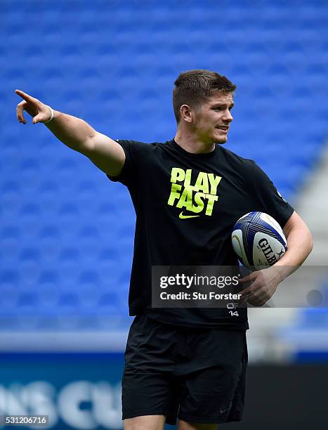 Owen Farrell of Saracens in action during Saracens Captain's Run at Grand Stade de Lyon ahead of the European Rugby Champions Cup Final on May 13,...