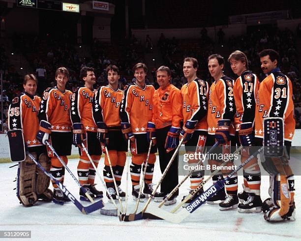 Goalie Andy Moog, Wayne Gretzky, Glenn Anderson, Paul Coffey, Kevin Lowe, head coach Glen Sather, Mark Messier, Lee Fogolin, Jari Kurri and goalie...