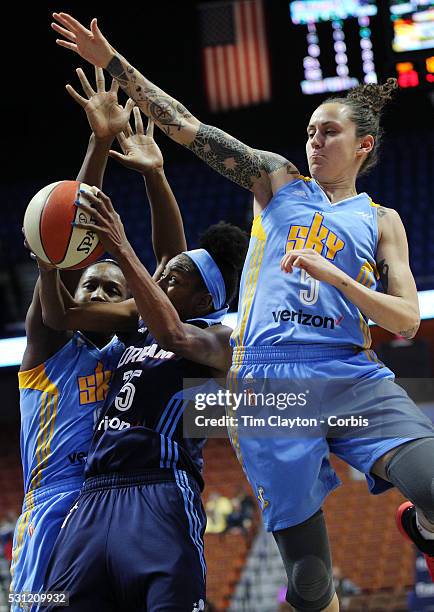 Tiffany Hayes of the Atlanta Dream drives to the basket as Jacki Gemelos, , #5 of the Chicago Sky defends during the Atlanta Dream Vs Chicago Sky...