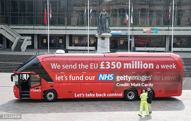 The Vote Leave battle bus stops in Portsmouth on May 13, 2016 in Portsmouth, England. Portsmouth City Council members voted in March in favour of a...