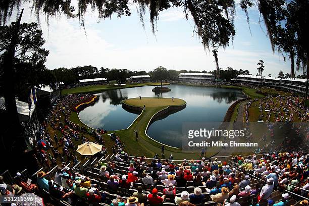 General view as Zach Johnson of the United States, Sergio Garcia of Spain and Patrick Reed of the United States play on the 17th hole during the...