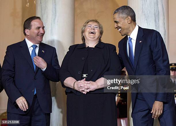 President Barack Obama jokes with Norway Prime Minister Erna Solberg and Sweden Prime Minister Stefan Lofven during an arrival ceremony in the Grand...