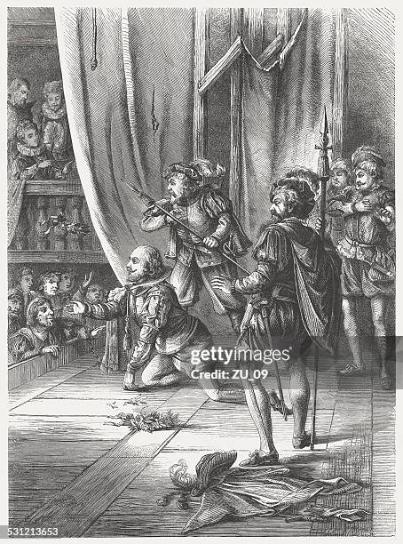 shakespeare in chains, wood engraving, published in 1876 - shakespeare stage stock illustrations