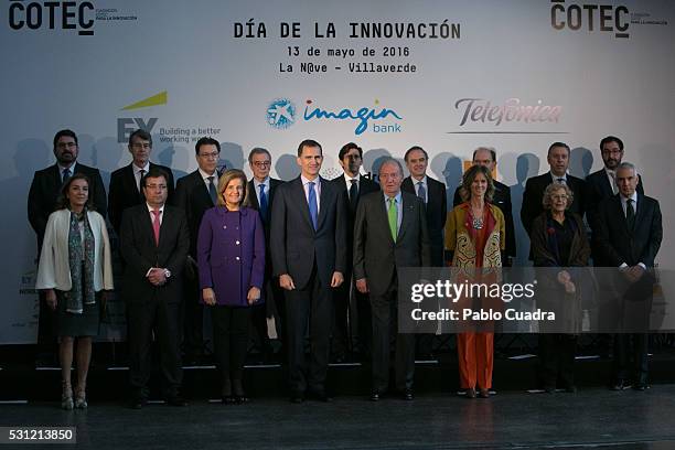 King Felipe VI of Spain, Fatima Banez, King Juan Carlos, Cristina Garmendia and Manuela Carmena attend COTEC meeting at 'La Nave' on May 13, 2016 in...