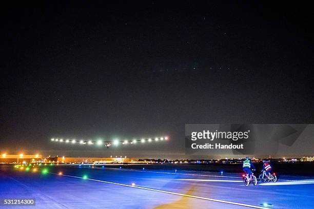 Swiss pilot Bertrand Piccard piloting Solar Impulse 2 , a solar-pwoered plane, which landed at Tulsa International Airport, Oklahoma, on May 12, 2016...