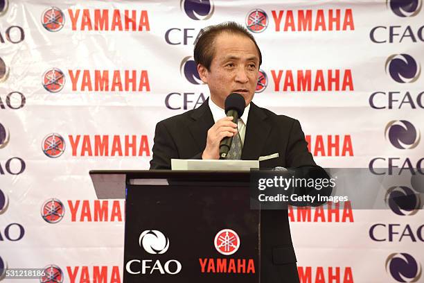 President, CEO and Representative Director Yamaha Motor, Hiroyuki Yanagi speaks during the opening ceremony of CFAO Yamaha factory on May 13, 2016 in...