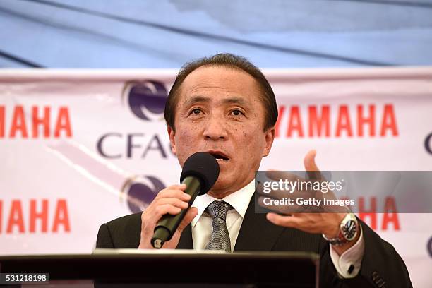 President, CEO and Representative Director Yamaha Motor, Hiroyuki Yanagi speaks during the opening ceremony of CFAO Yamaha factory on May 13, 2016 in...