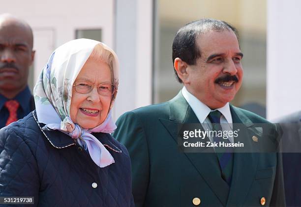 Queen Elizabeth ll and King Hamad bin Isa Al Khalifa of Bahrain attend the Endurance race during Royal Windsor Horse Show on May 11, 2016 in Windsor,...