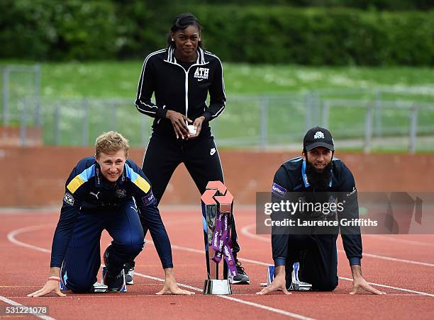 Joe Root of Yorkshire, athlete Perri Shakes-Drayton of Great Britain and Moeen Ali of Worcestershire pose during the NatWest T20 Blast Media Launch...