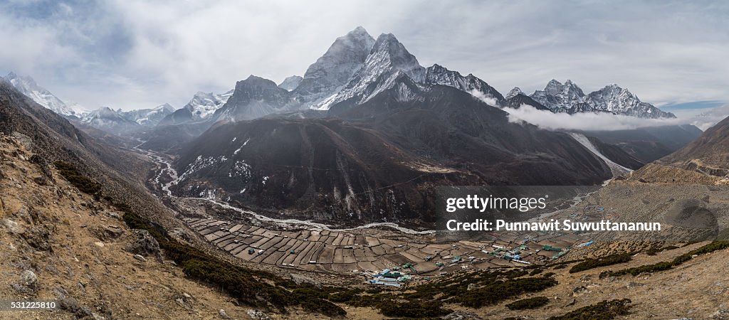 Landscape view from Nangkartshang Peak, Dingboche village, Everest region