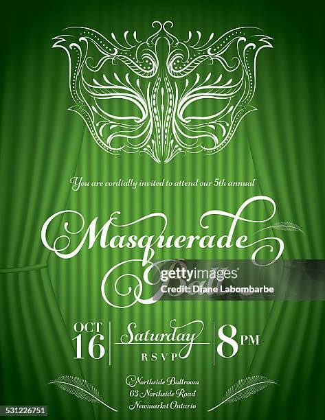 calligraphy style masquerade mask invitation green - masquerade ball stock illustrations