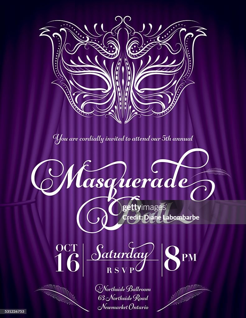 Calligraphy Style Masquerade Mask Invitation Purple